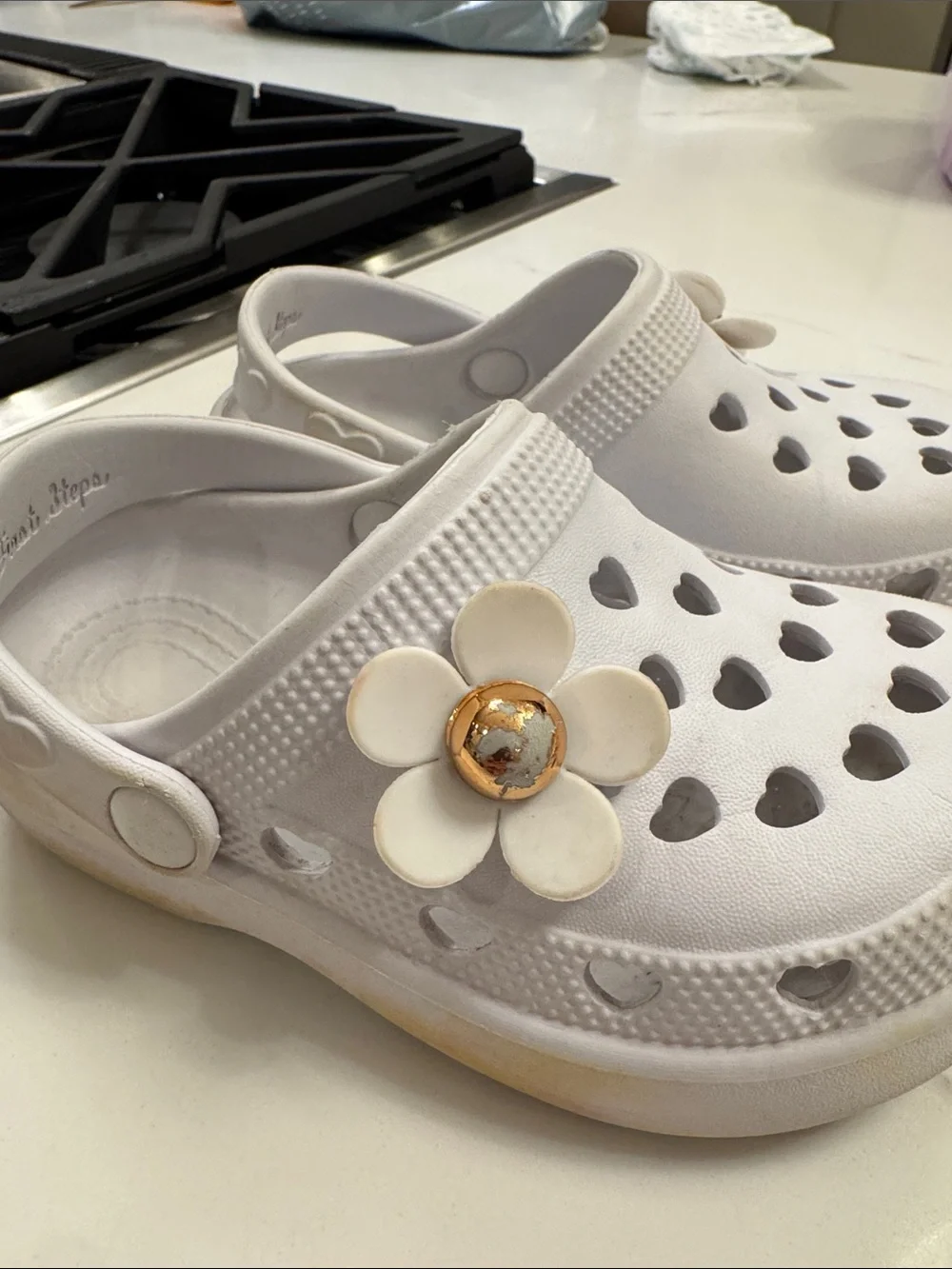 Toddler Girl White Heart Croc style shoe with Flower Charm